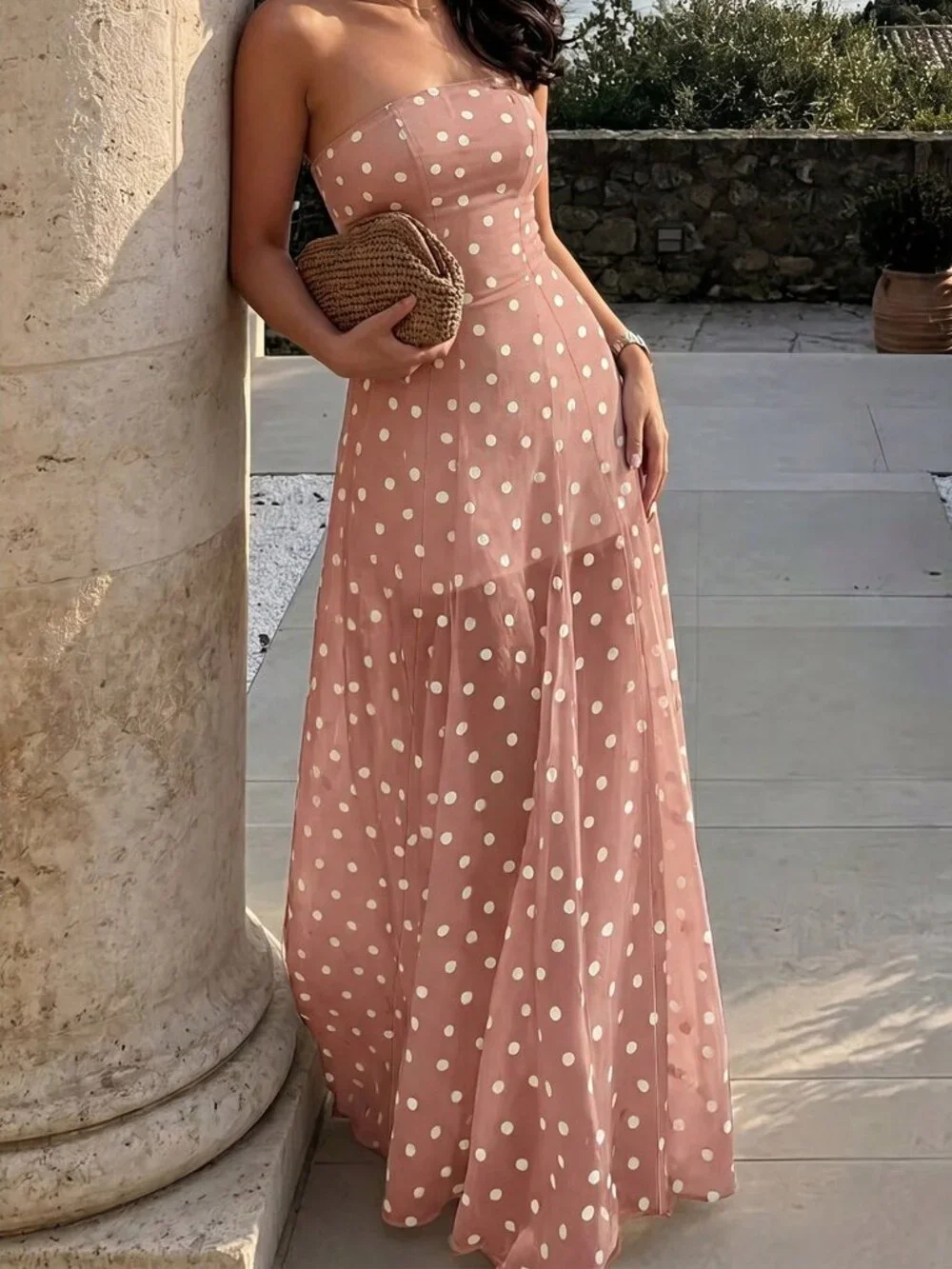 Baby Pink Casual Women's Polka Dot Bandeau Dress
